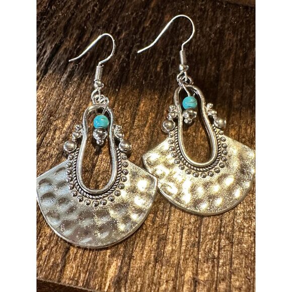 Boho Hippie Western Cowgirl Turquoise Stone Fan Silver Drop Wire Earrings, Gift - Picture 5 of 7